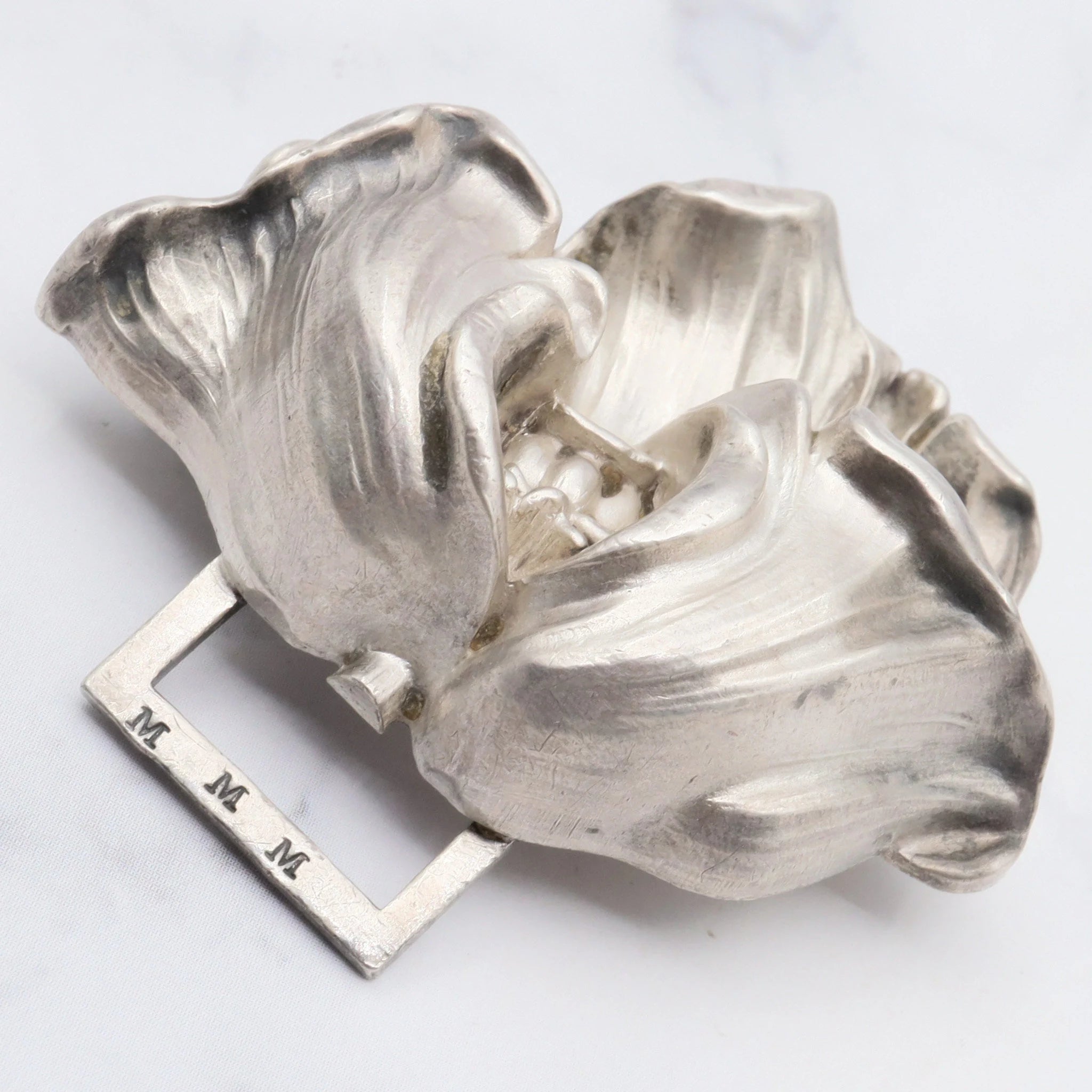 Antique art nouveau William B Kerr sterling silver poppy two-part buckle